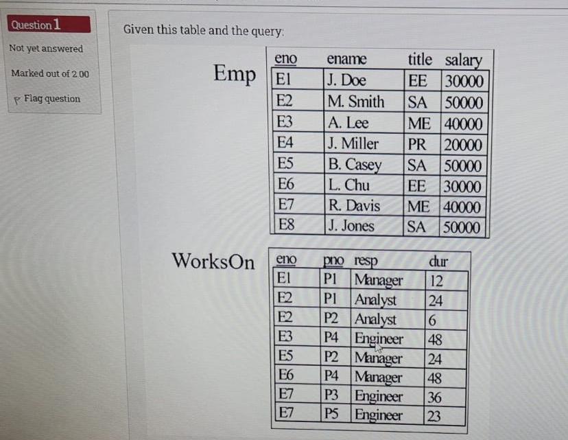 Question 1 Given this table and the query Not yet answered
