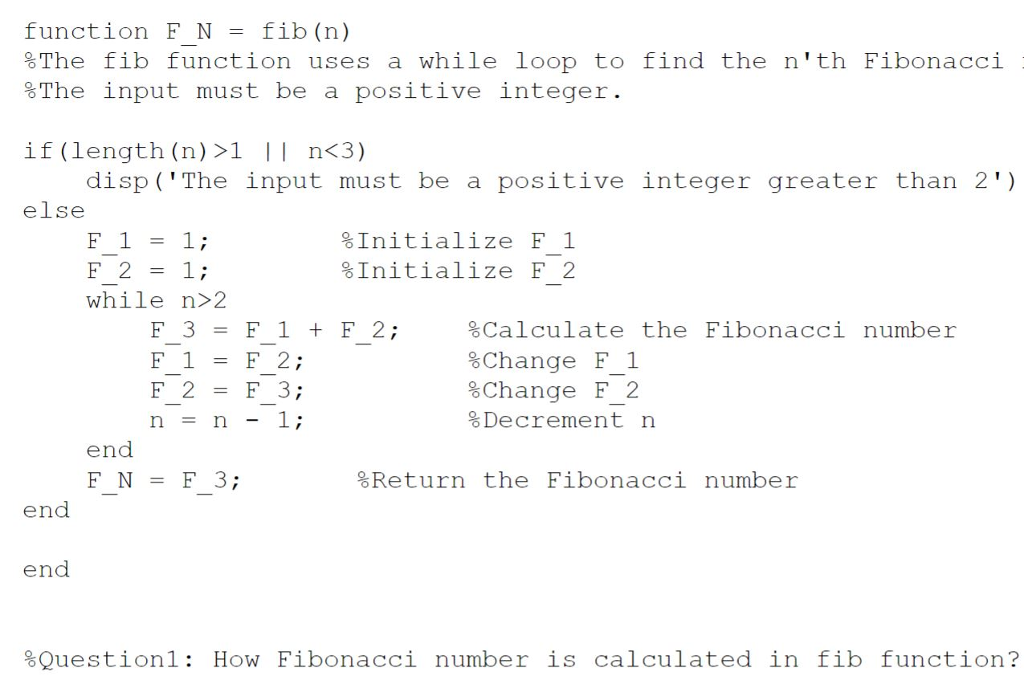 PART 1 PART 2 Matlab help function F N - fib (n)