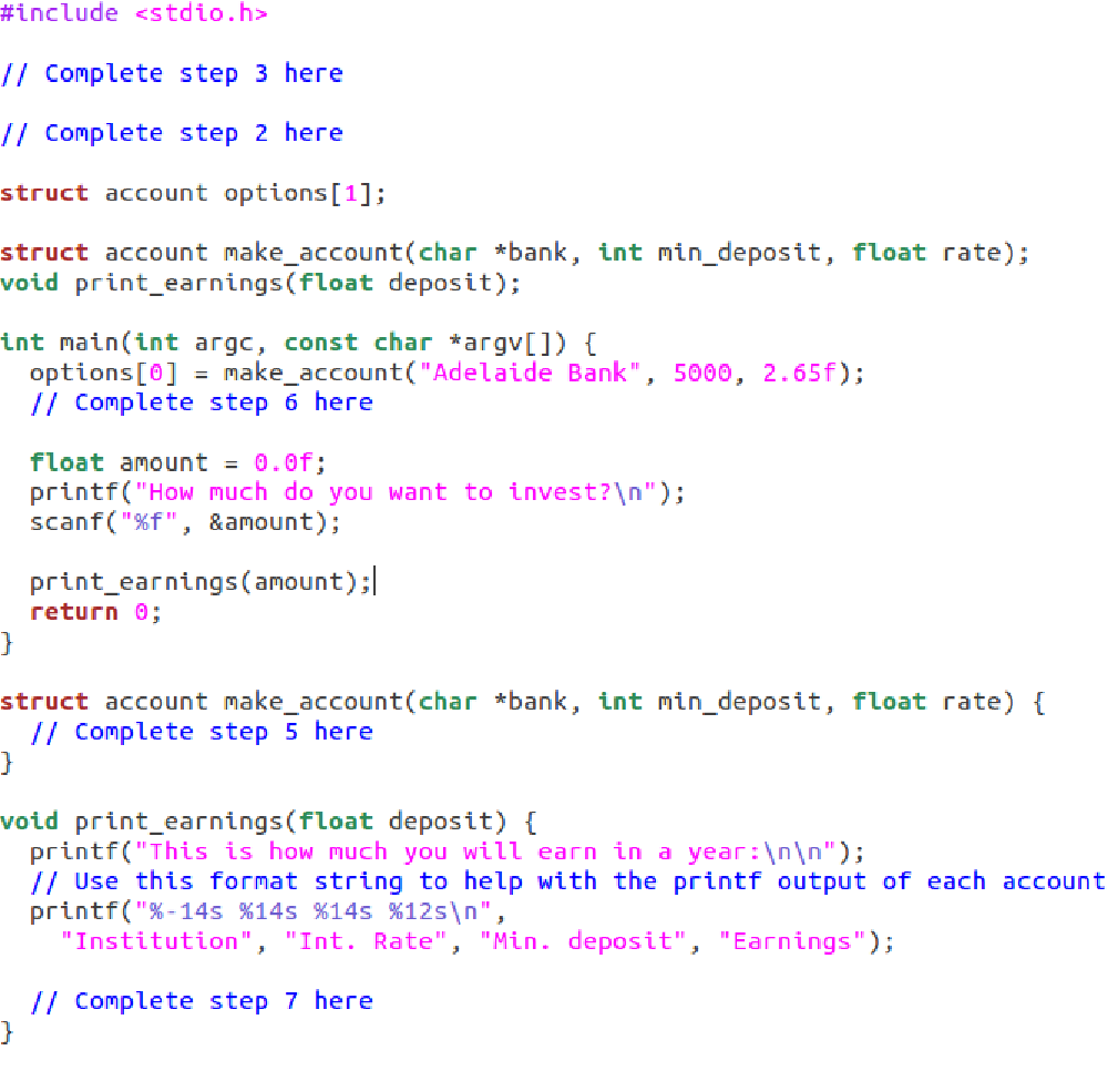 list of term deposit options. 1. Open the source file named task3.c.