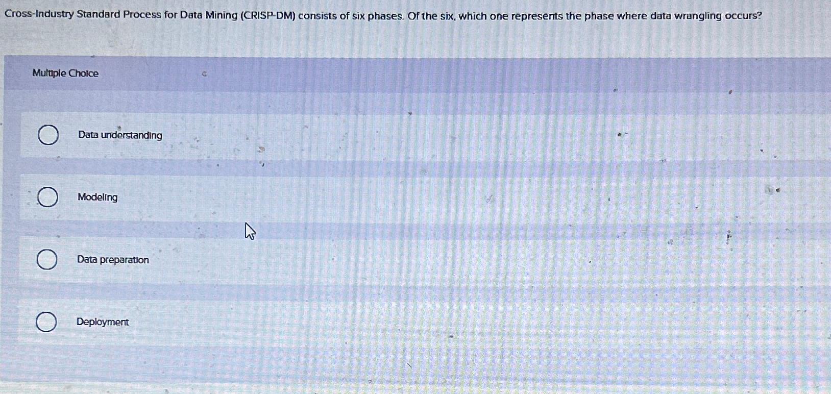  Cross-Industry Standard Process for Data Mining (CRISP-DM) consists of six phases.