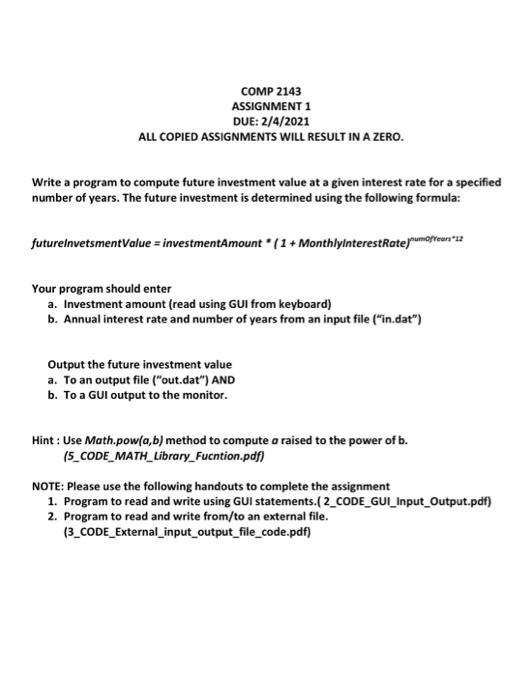 please code in Java COMP 2143 ASSIGNMENT 1 DUE: 2/4/2021 ALL COPIED