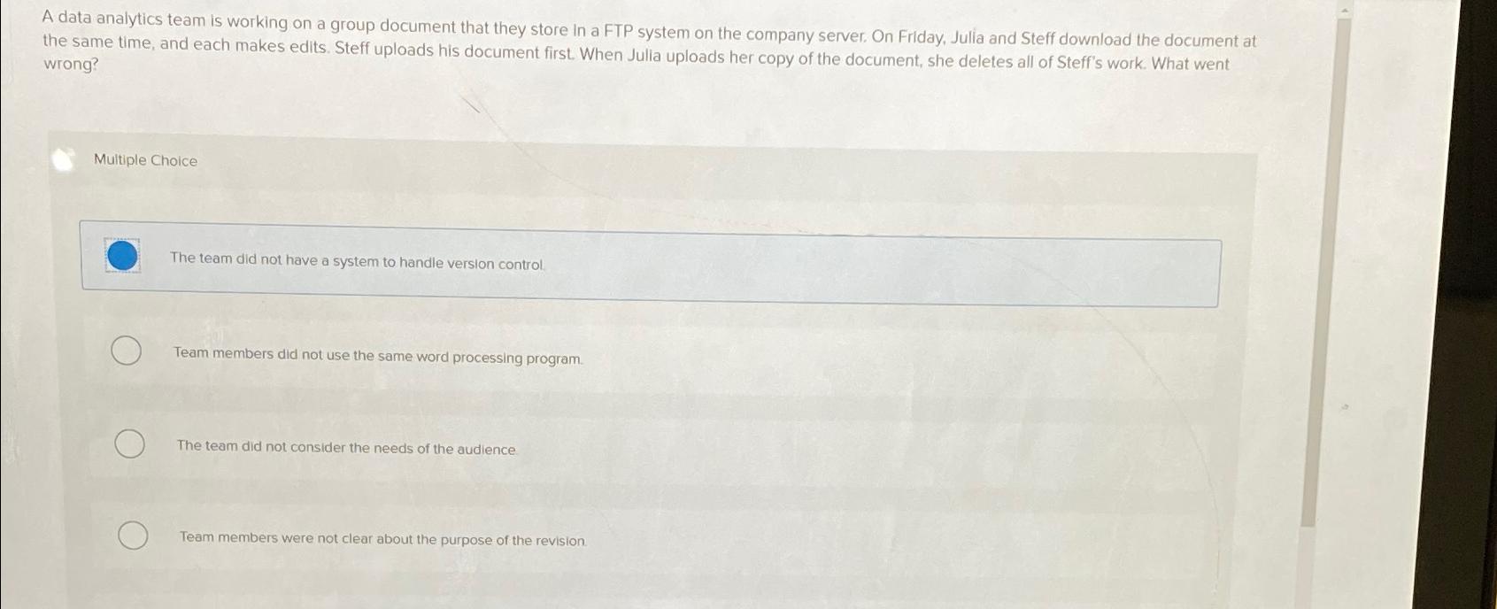  A data analytics team is working on a group document that