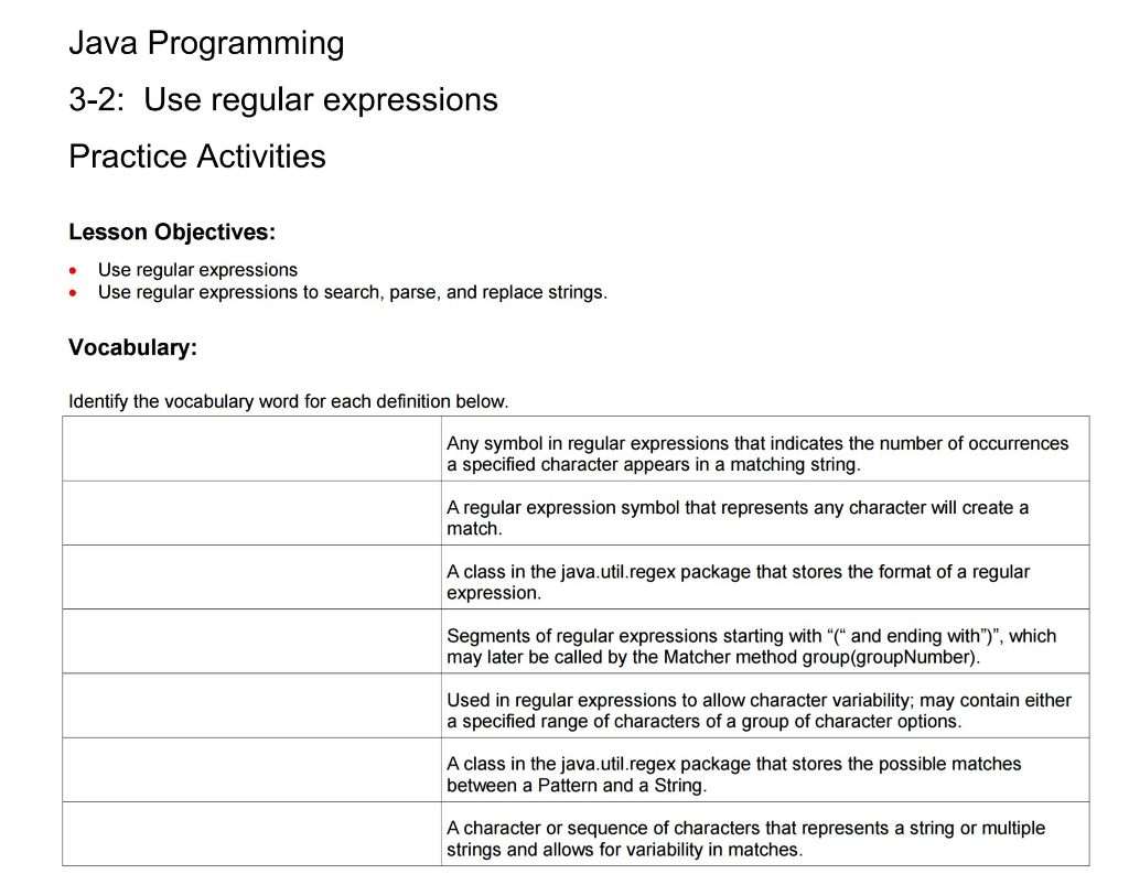  Java Programming 3-2: Use regular expressions Practice Activities Lesson Objectives: Use