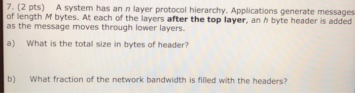  7. (2 pts) A system has an n layer protocol hierarchy.