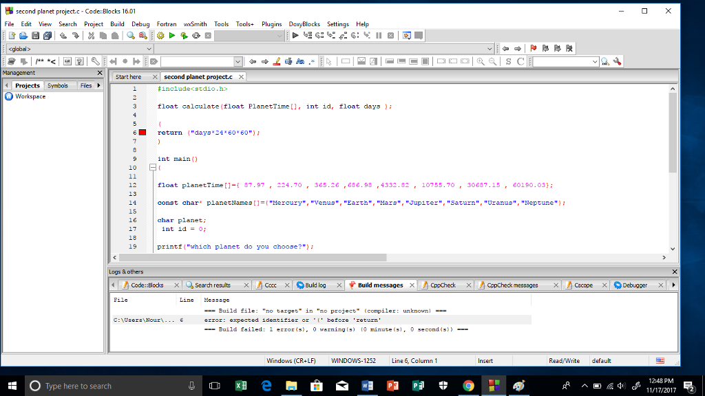 fix error 6 second planet project-c-Code::Blocks 16.01 File Edit View Search Project