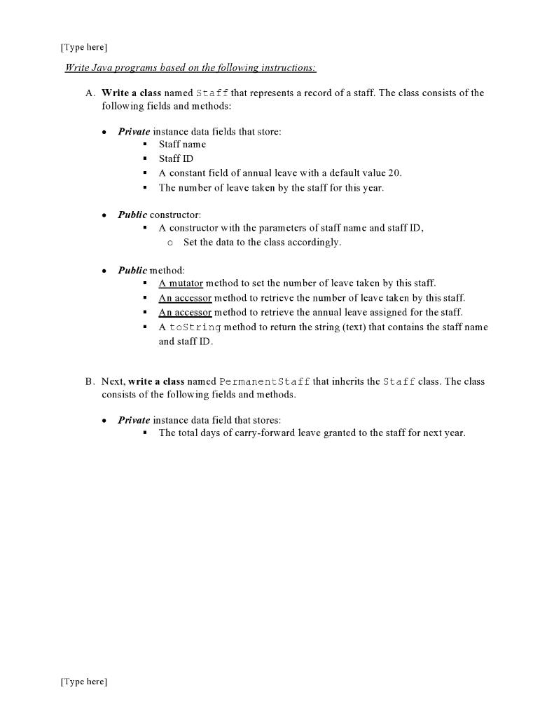 Java programing Lab [Type here Write Java programs based on the following
