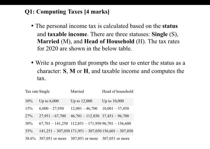 by use c program Q1: Computing Taxes [4 marks] The personal income