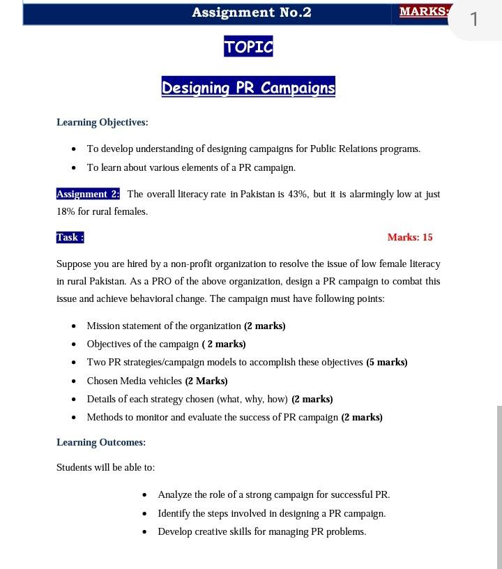  Assignment No.2 MARKS: 1 TOPIC Designing PR Campaigns Learning Objectives: To