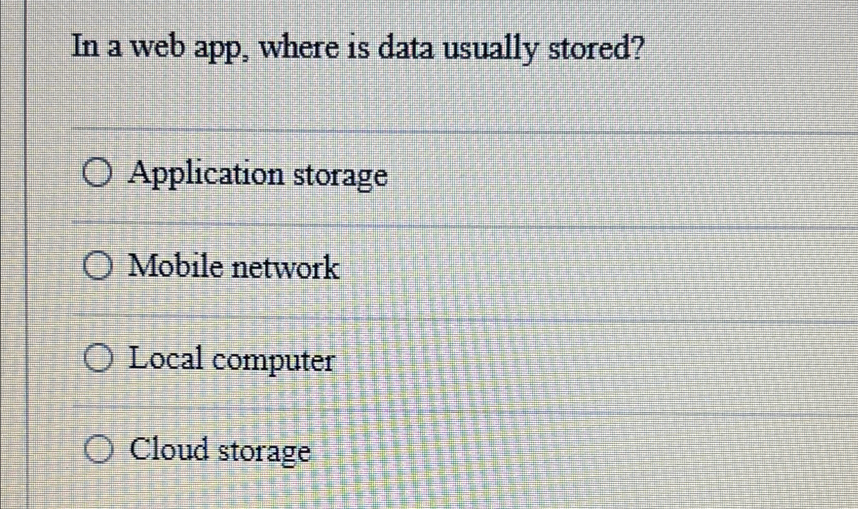  In a web app, where is data usually stored? Application storage
