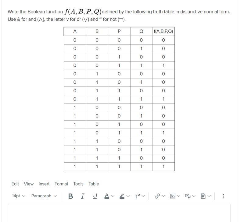  Write the Boolean function f(A, B, P, Q) defined by the