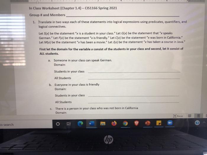  In Class Worksheet (Chapter 1.4) - CIS1166 Spring 2021 Group #and