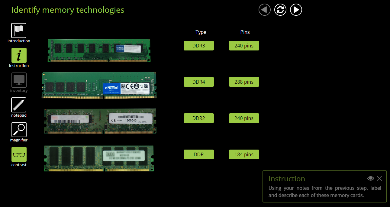  Identify memory technologies introduction instruction inventory notepad magnifier Type Pins DDR3