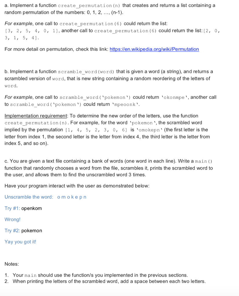 in python a. Implement a function create_permutation (n) that creates and returns
