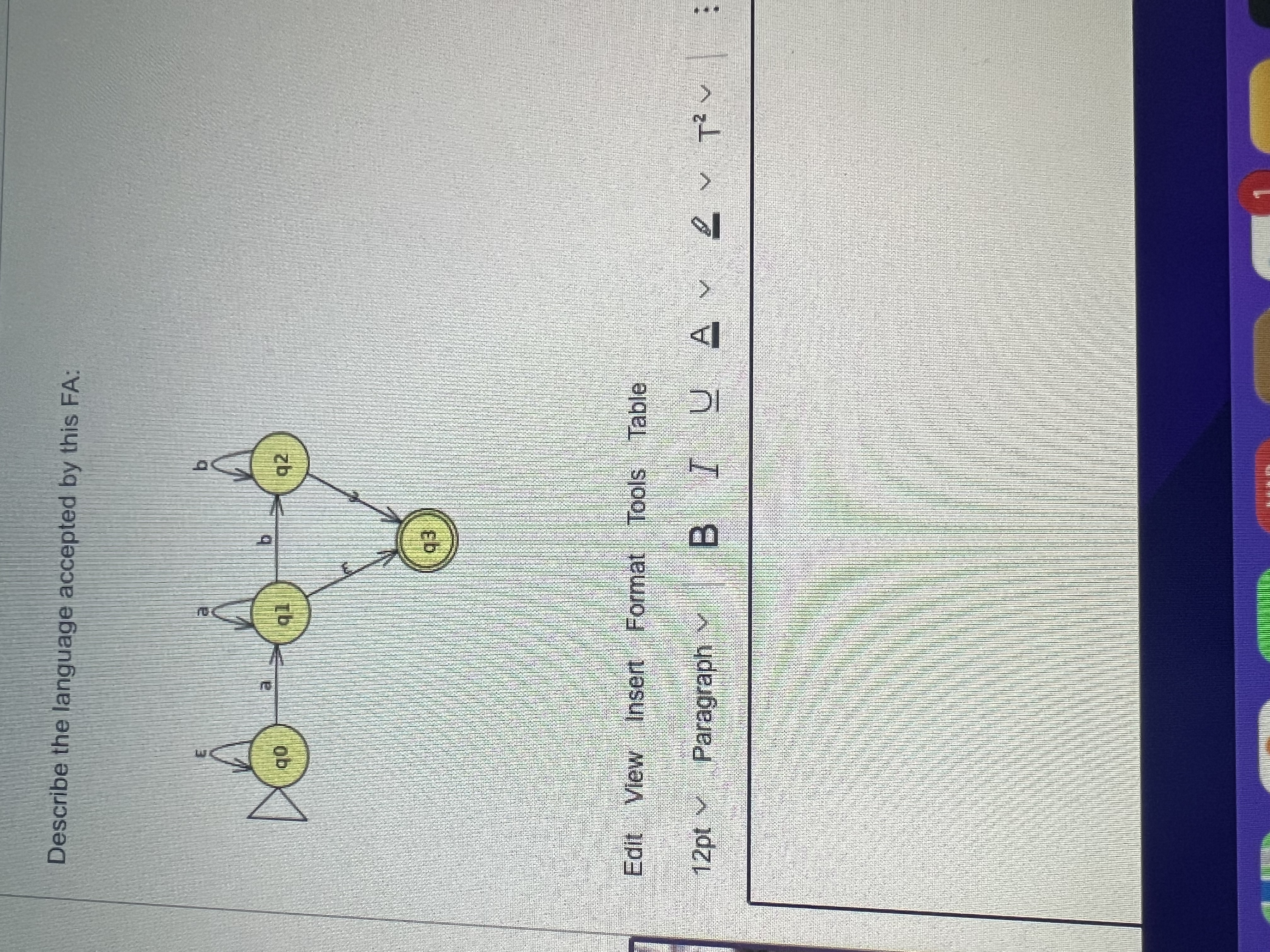  describe the language accepted by this fa 