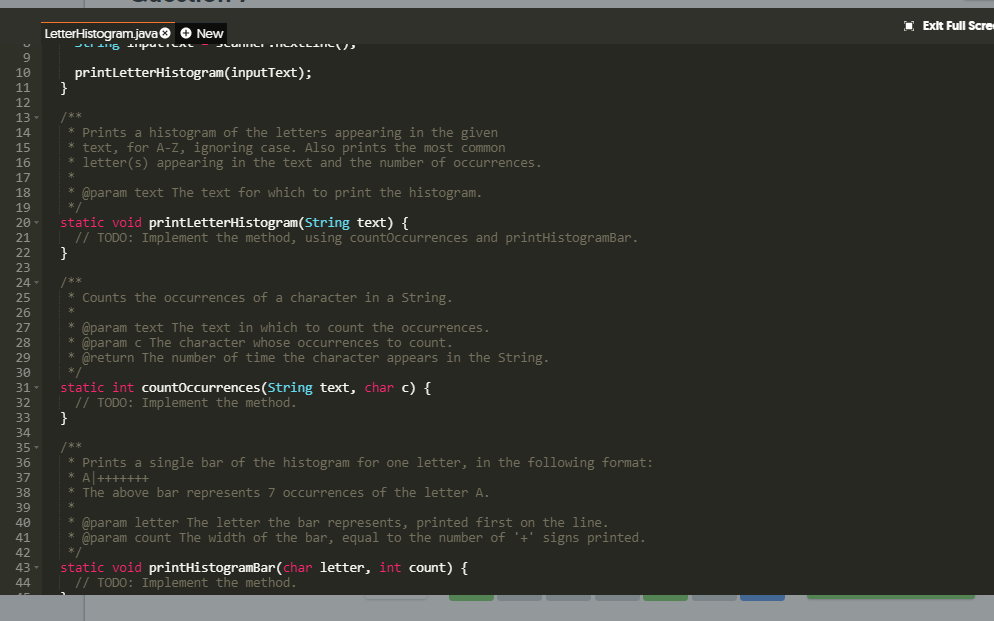 Solve in JAVA. Letter histogram Bonus: Fill in the following methods to