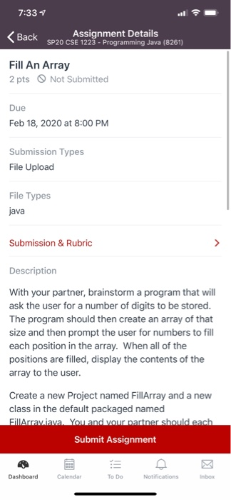  7:33 Back Assignment Details Sp20 CSE 1223 - Programming Java (8261)