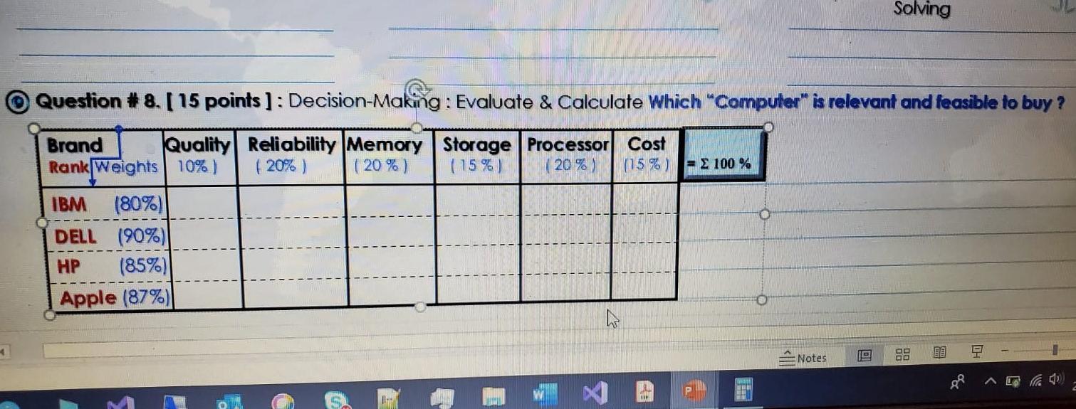  Solving Question # 8. [ 15 points ]: Decision-Making : Evaluate