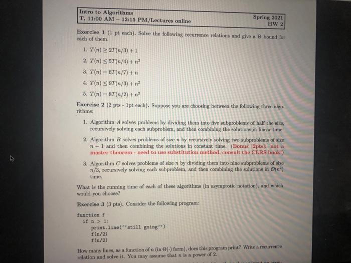  algorithm questions Intro to Algorithms T, 11:00 AM - 12:15 PM/Lectures