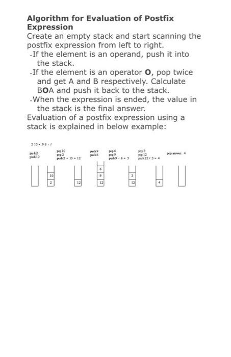  Algorithm for Evaluation of Postfix Expression Create an empty stack and