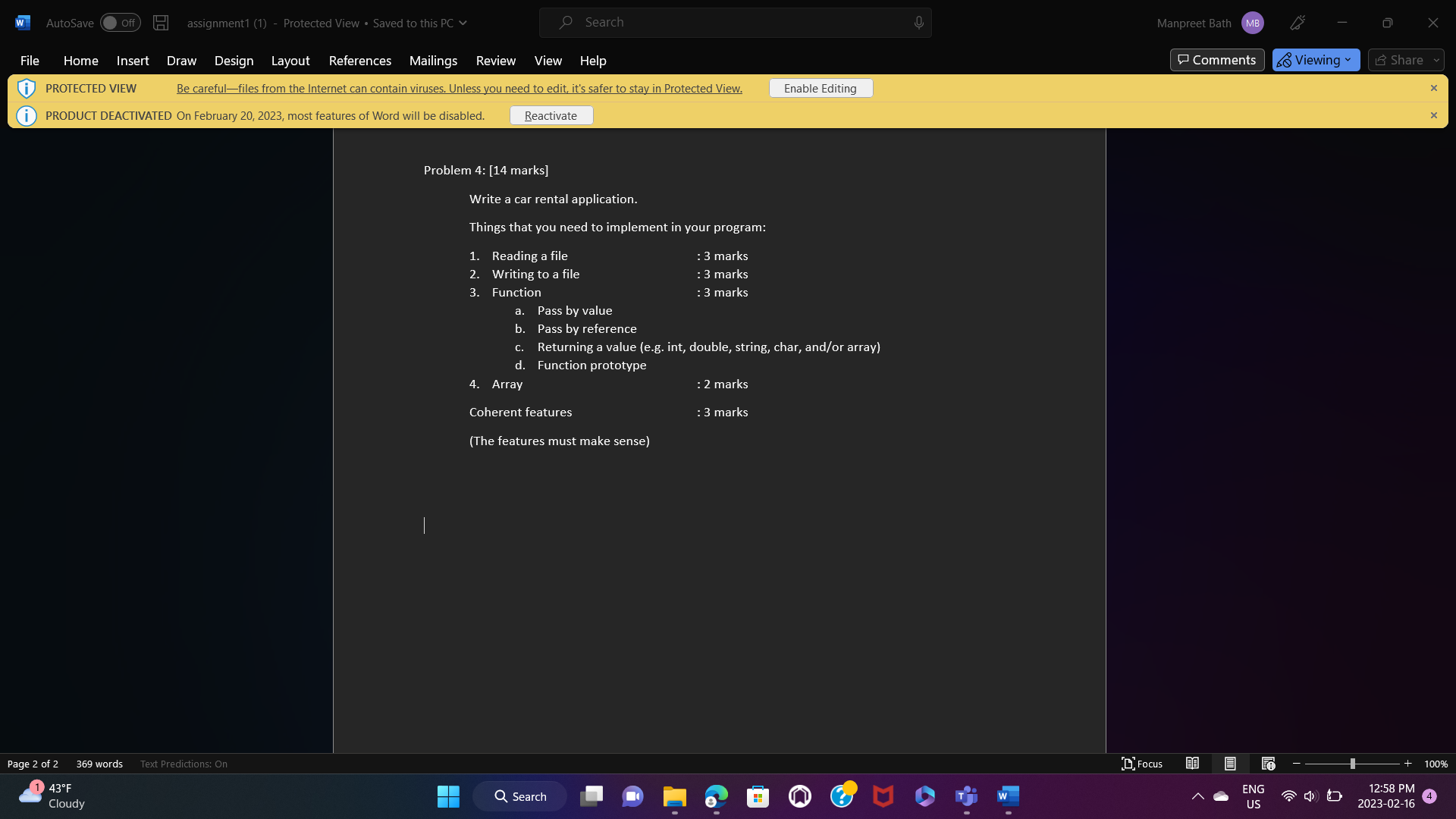  Problem 4: [14 marks] Write a car rental application. Things that