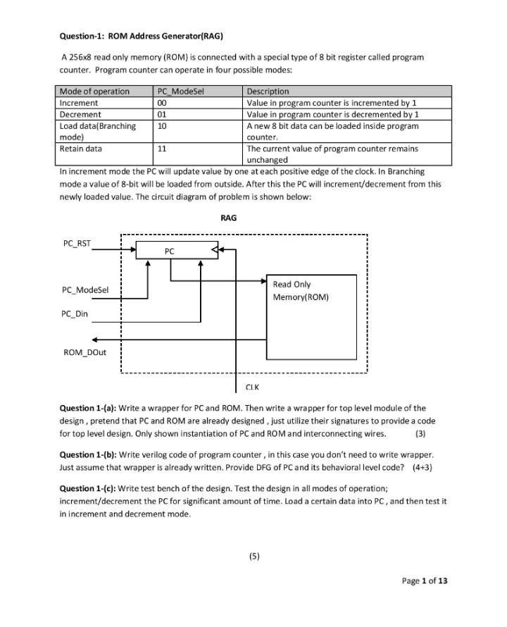  Question-1: ROM Address Generator(RAG) A 256x8 read only memory (ROM) is