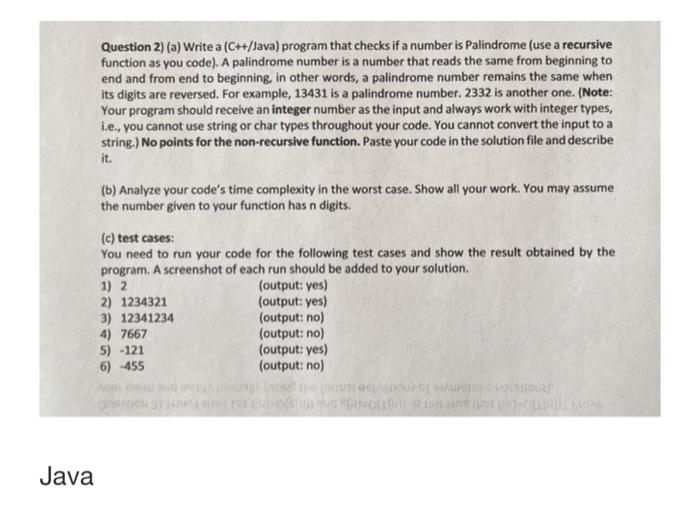 Analysis of Algorithms Java Question 2) (a) Write a ( Ct+/Java) program