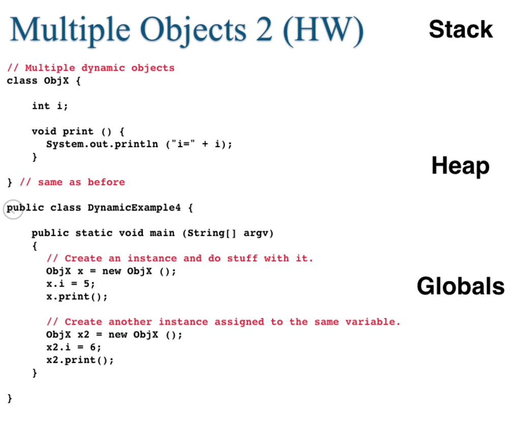 is stored in each region (Stack, Heap, or Globals). Assume the garbage