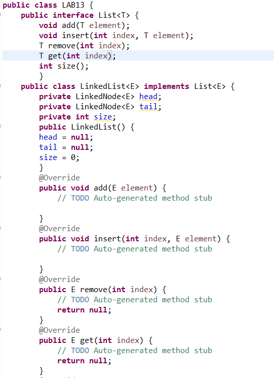Implement the get(int index) method. on to this code.. not on
