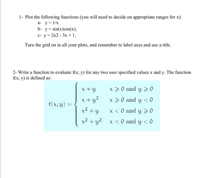 using matlab program please 1- Plot the following functions (you will need