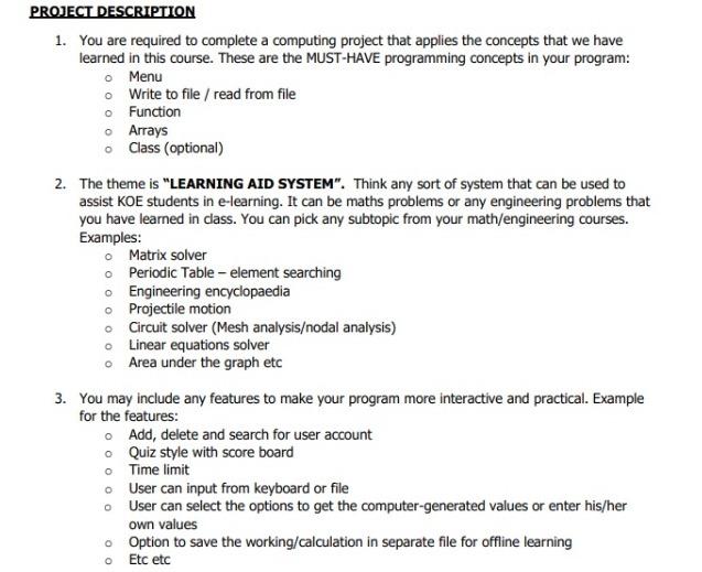 Program to help engineering students PROJECT DESCRIPTION 1. You are required to