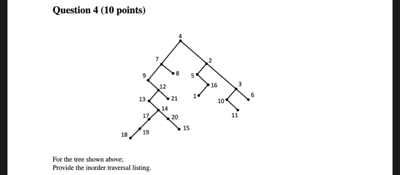 Question 4(10 points) For the tree shown above; Provide the inorder