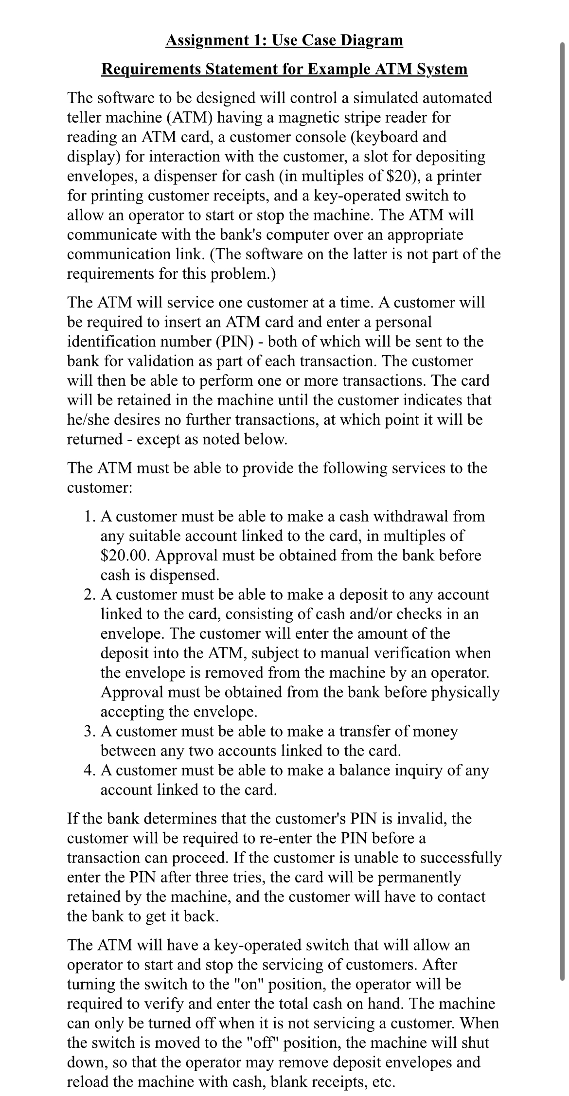  Assignment 1: Use Case Diagram Requirements Statement for Example ATM System
