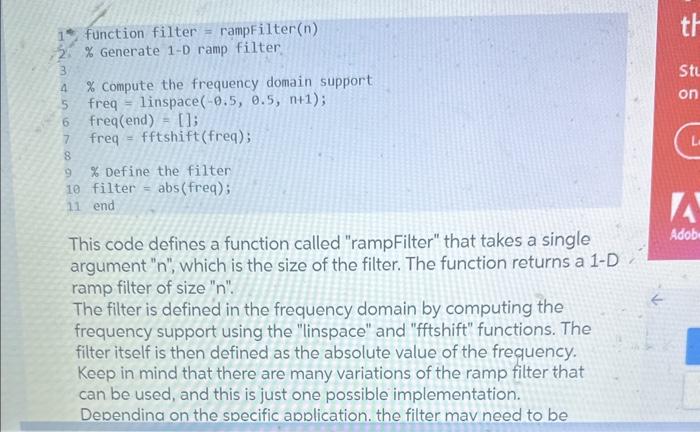  help with this function. for some reason the "function filter =rampFilter(n)