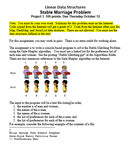 The assignment is to write a console-based program to solve the Stable