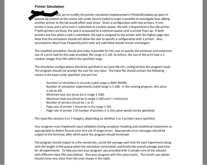 Need help with python. The goal is to modify the PrinterSimulation code