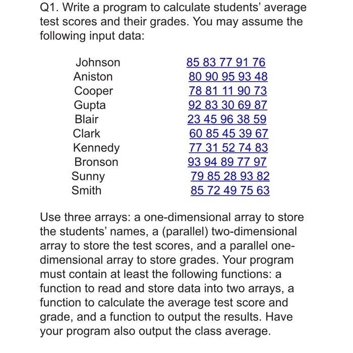 Q1. Write a program to calculate students' average test scores and