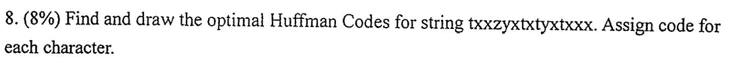 8.(8%) Find and draw the optimal Huffman Codes for string txxzyxtxtyxtxxx.