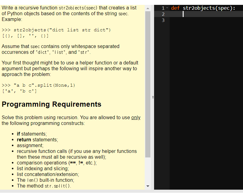  Write a recursive function str2obj ects(spec) that creates a list of