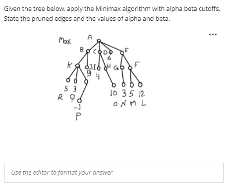  Given the tree below, apply the Minimax algorithm with alpha beta