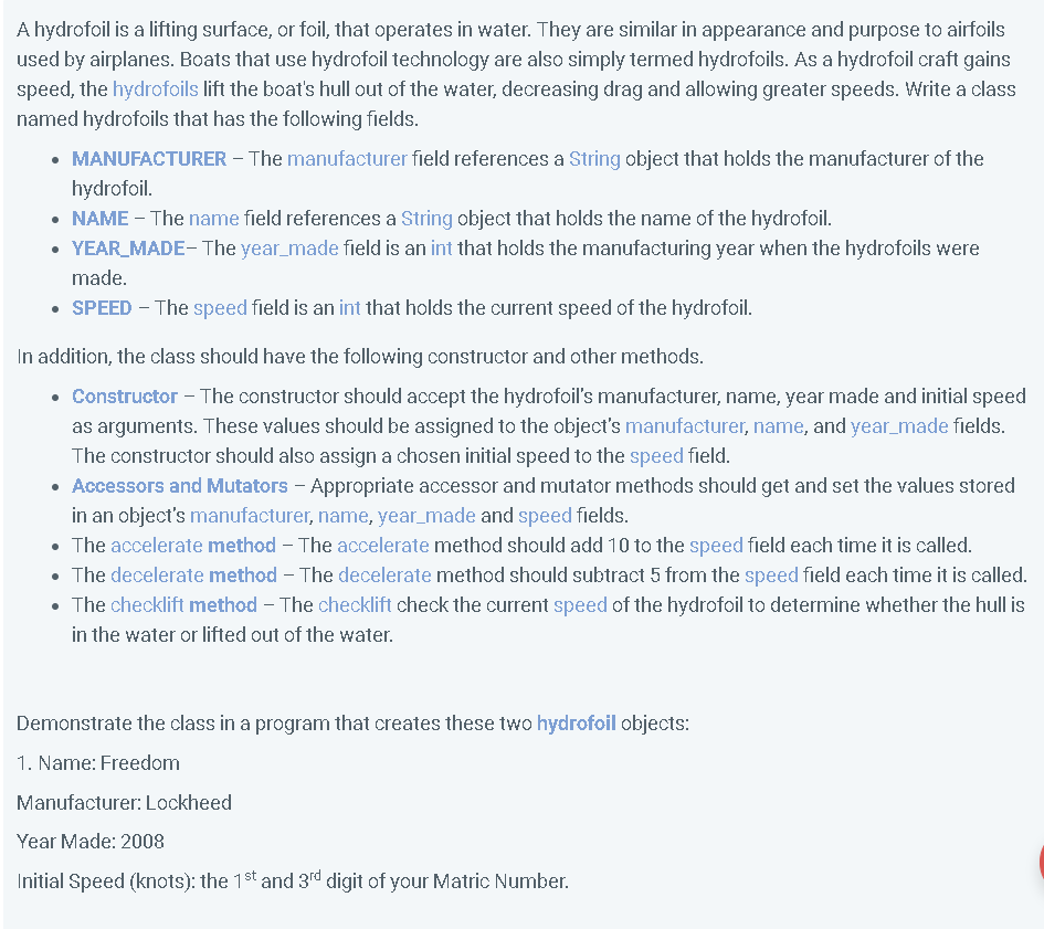 SOLVE USING JAVA PROGRAMMING LANGUAGE A hydrofoil is a lifting surface, or