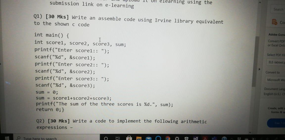 Solve in assembly language submission link on e-learning Un elearning using the