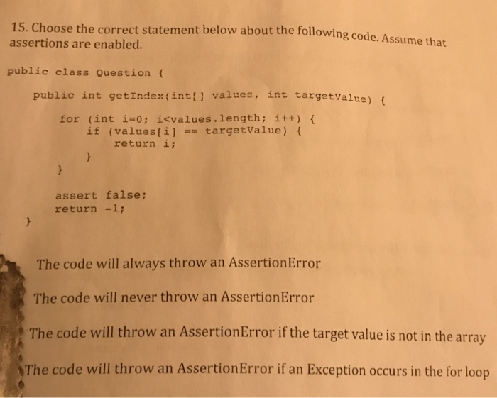  Java problem Choose the correct statement below about the following code.
