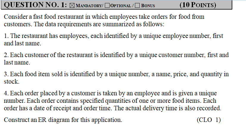  Data base QUESTION NO. 1: MANDATORY/OPTIONAL/O BONUS (10 POINTS) Consider a
