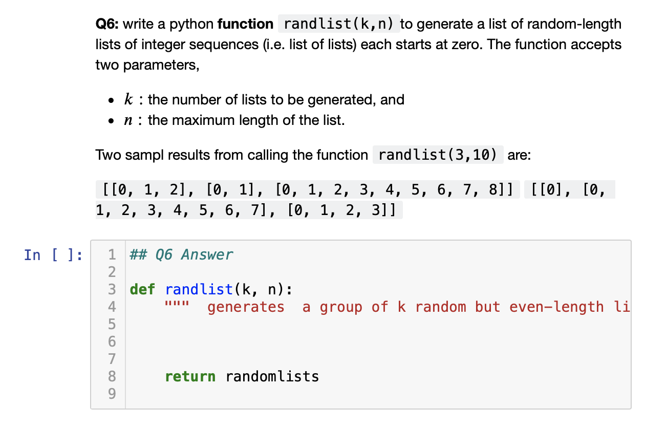  Q6: write a python function randlist(k,n) to generate a list of