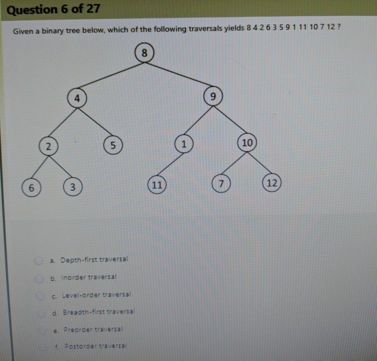 Question 6 of 27 Given a binary tree below, which of