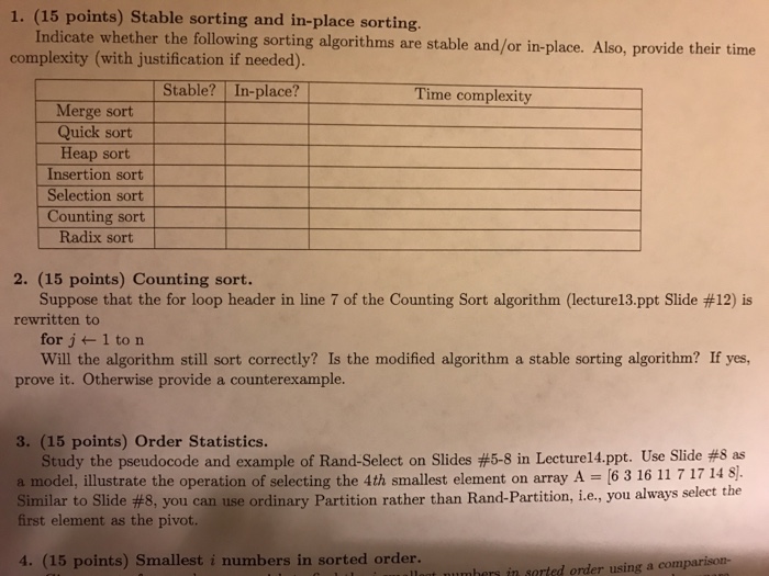  Indicate whether the following sorting algorithms are stable and/or in-place. Also,