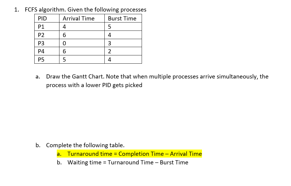 1. FCFS algorithm. Given the following processes a. Draw the Gantt