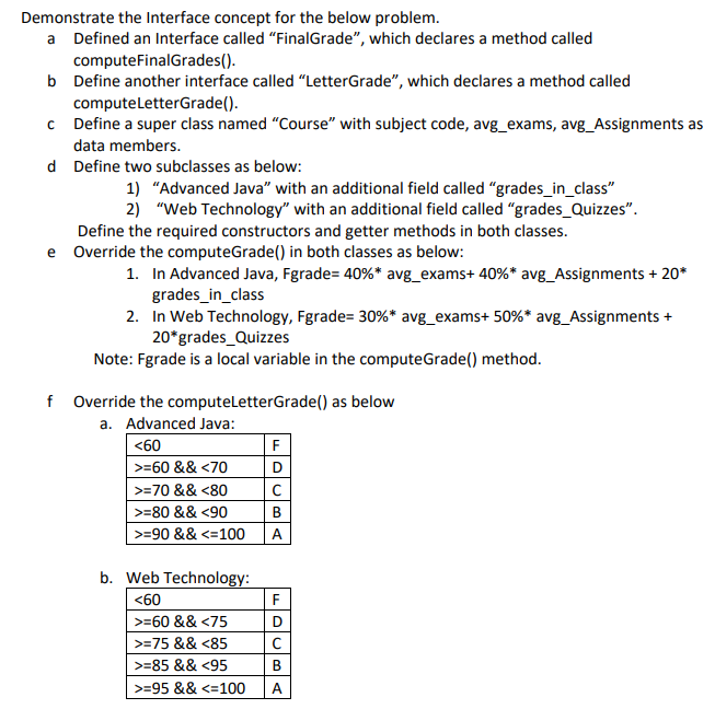 JAVA HELP Demonstrate the Interface concept for the below problem. a Defined