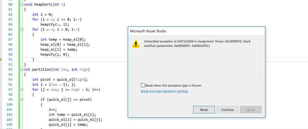 Hi, I need help with my C++ code. It shows a stack
