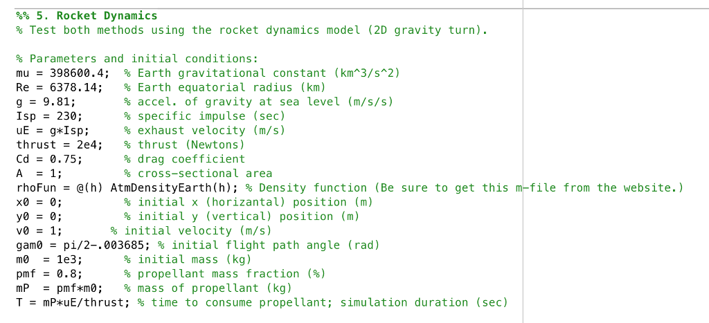 Matlab: Write a "right-hand-side" m-file for rocket dynamics using the given parameters.
